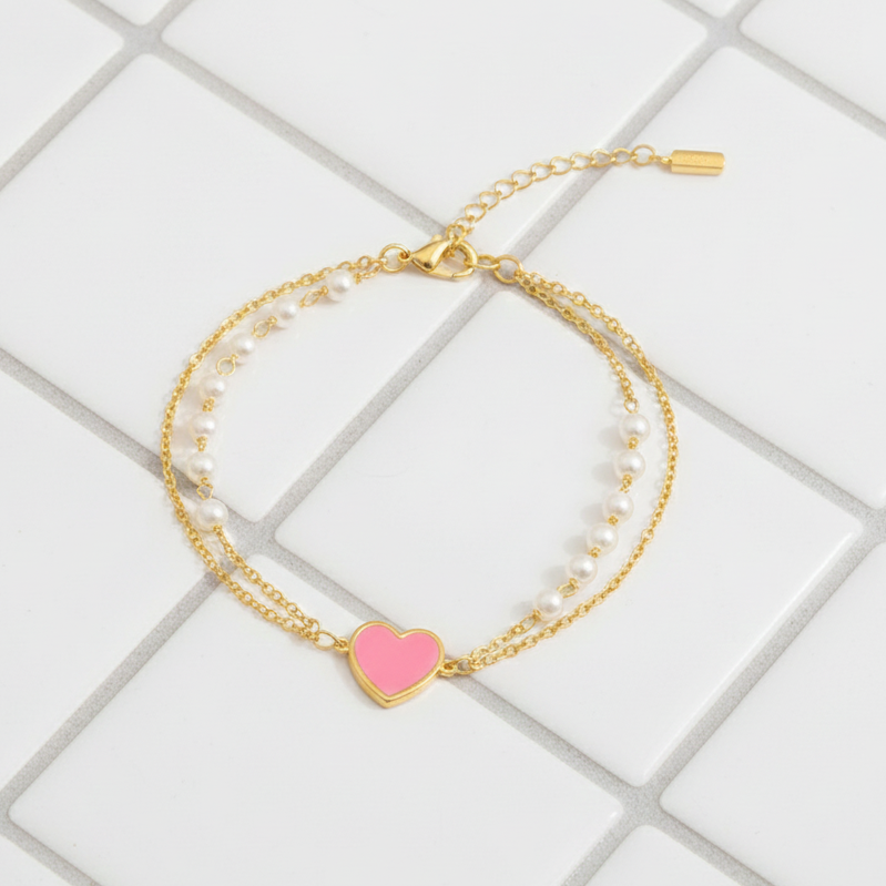 Dainty White, Sky Blue & Pink Heart Pearl Bracelet