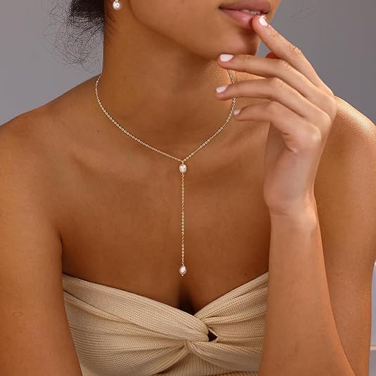 Elegant Golden Pearl Lariat Necklace