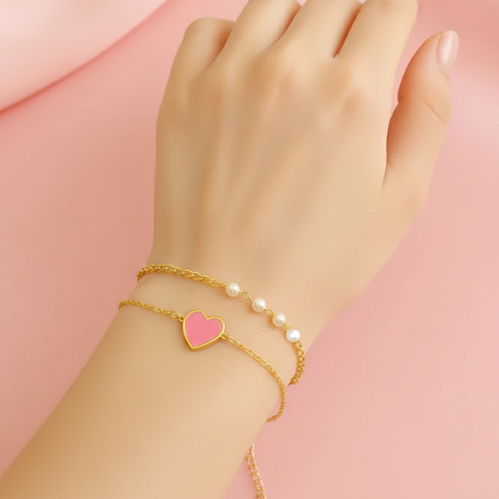 Dainty White, Sky Blue & Pink Heart Pearl Bracelet