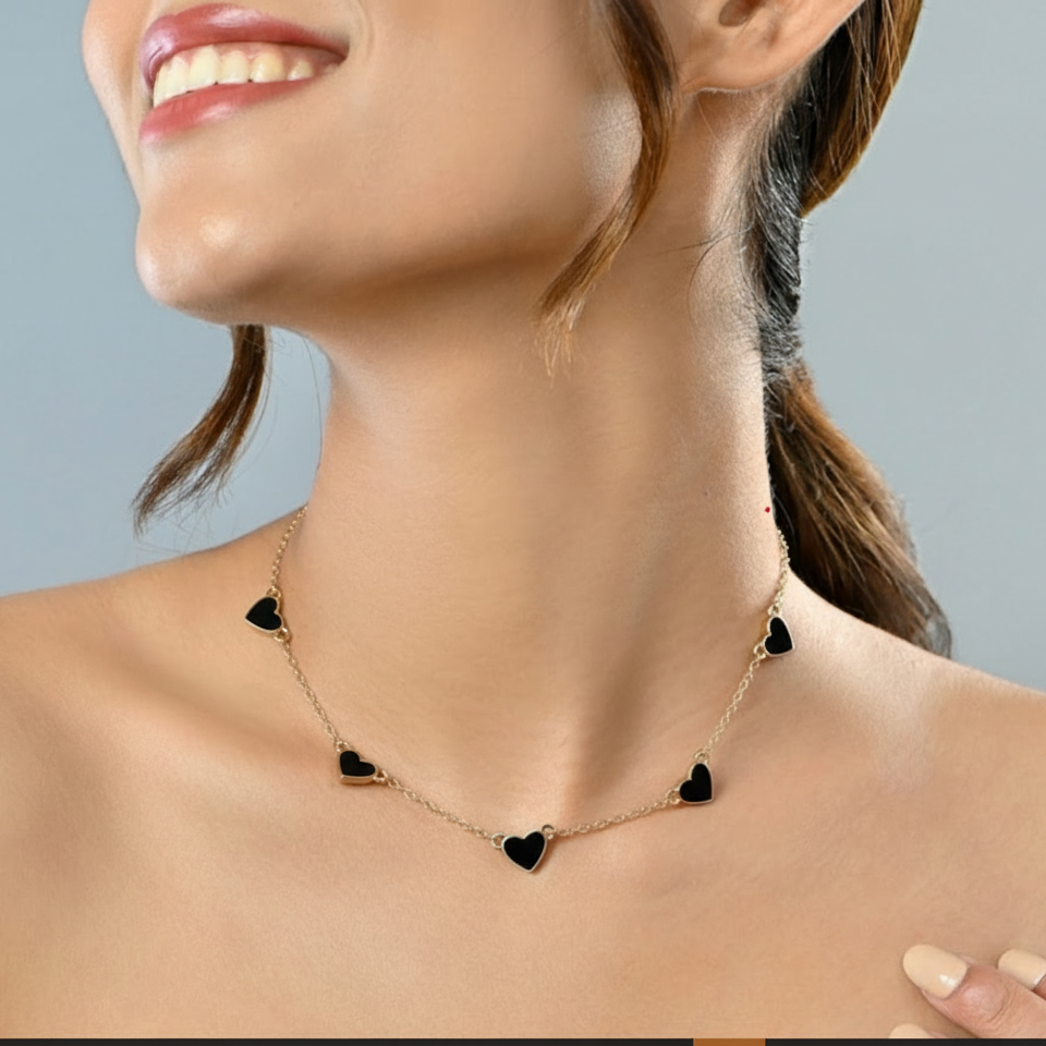 Golden Chain Black Heart & White Heart Pendant Necklaces