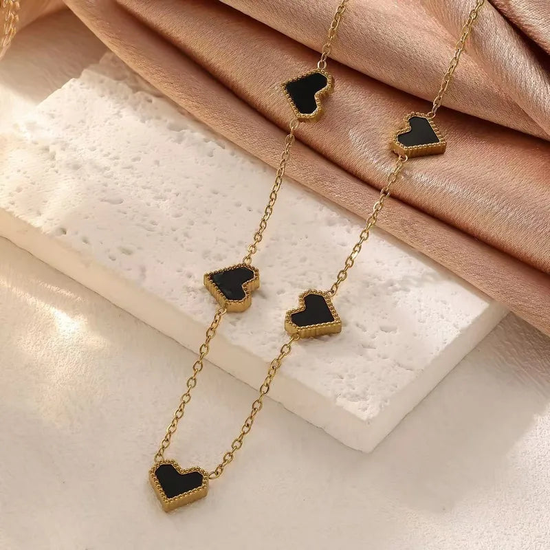 Golden Chain Black Heart & White Heart Pendant Necklaces