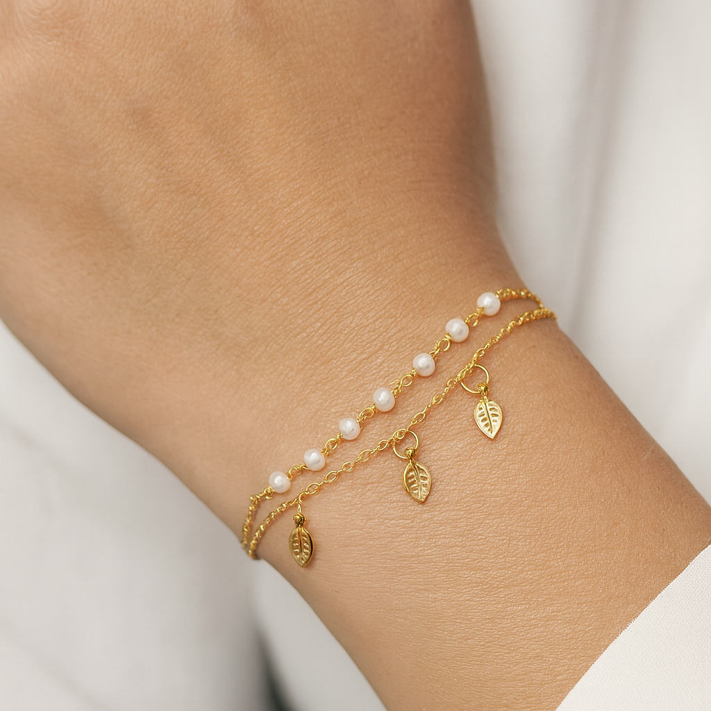 White Pearls Bracelet with Little Leaf Charm