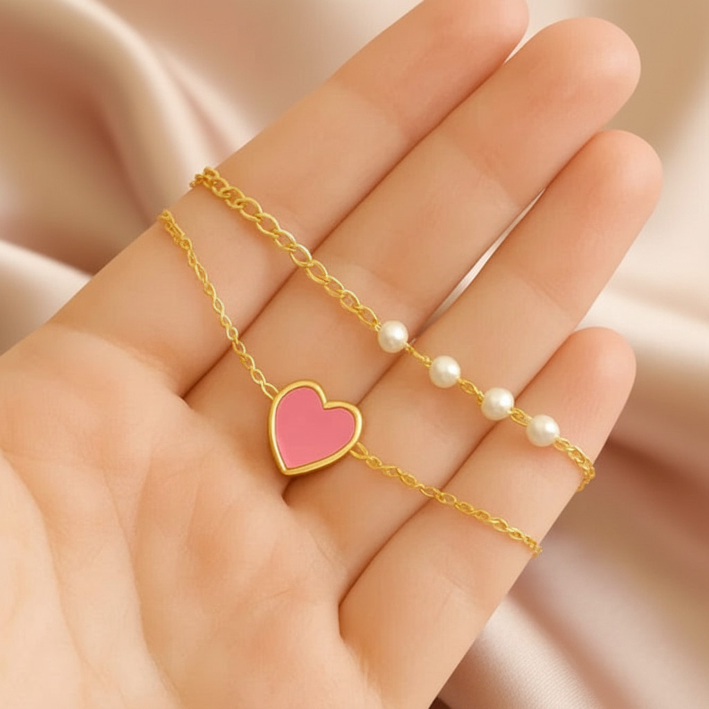 Dainty White, Sky Blue & Pink Heart Pearl Bracelet