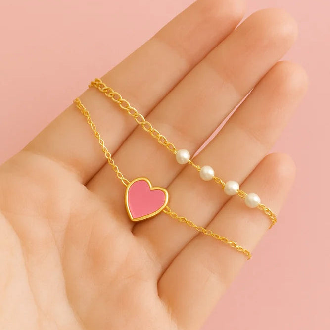 Dainty White, Sky Blue & Pink Heart Pearl Bracelet