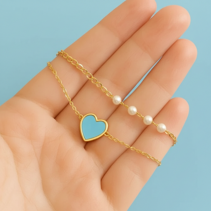 Dainty White, Sky Blue & Pink Heart Pearl Bracelet