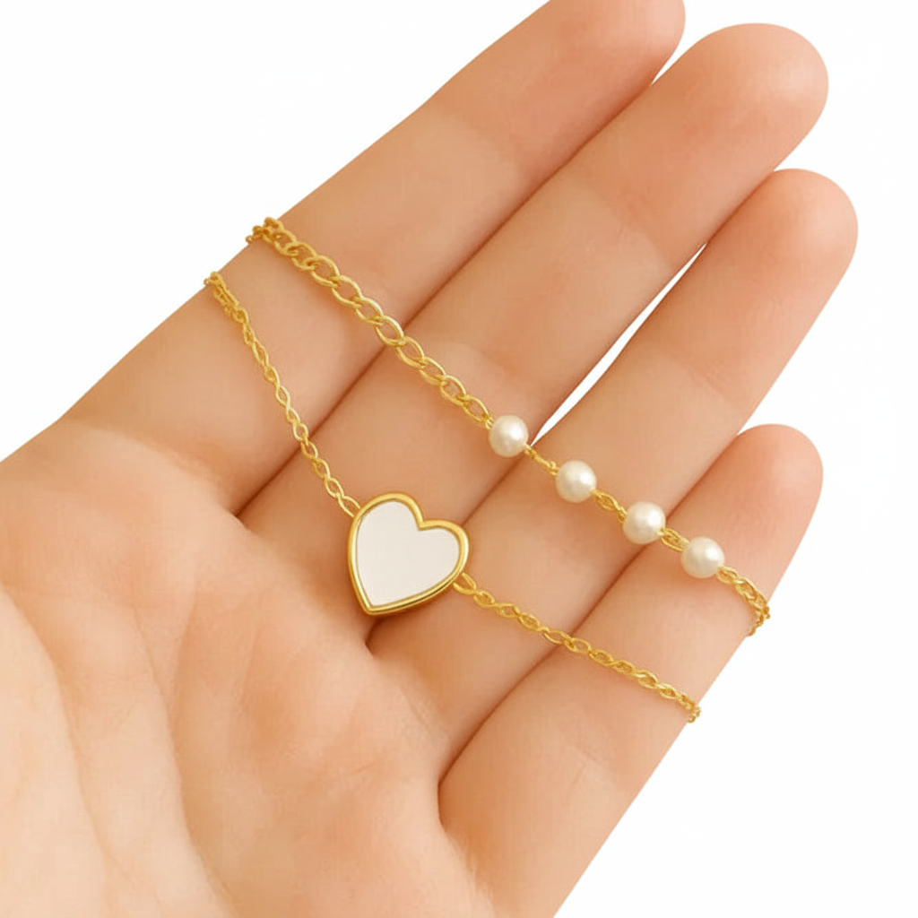 Dainty White, Sky Blue & Pink Heart Pearl Bracelet