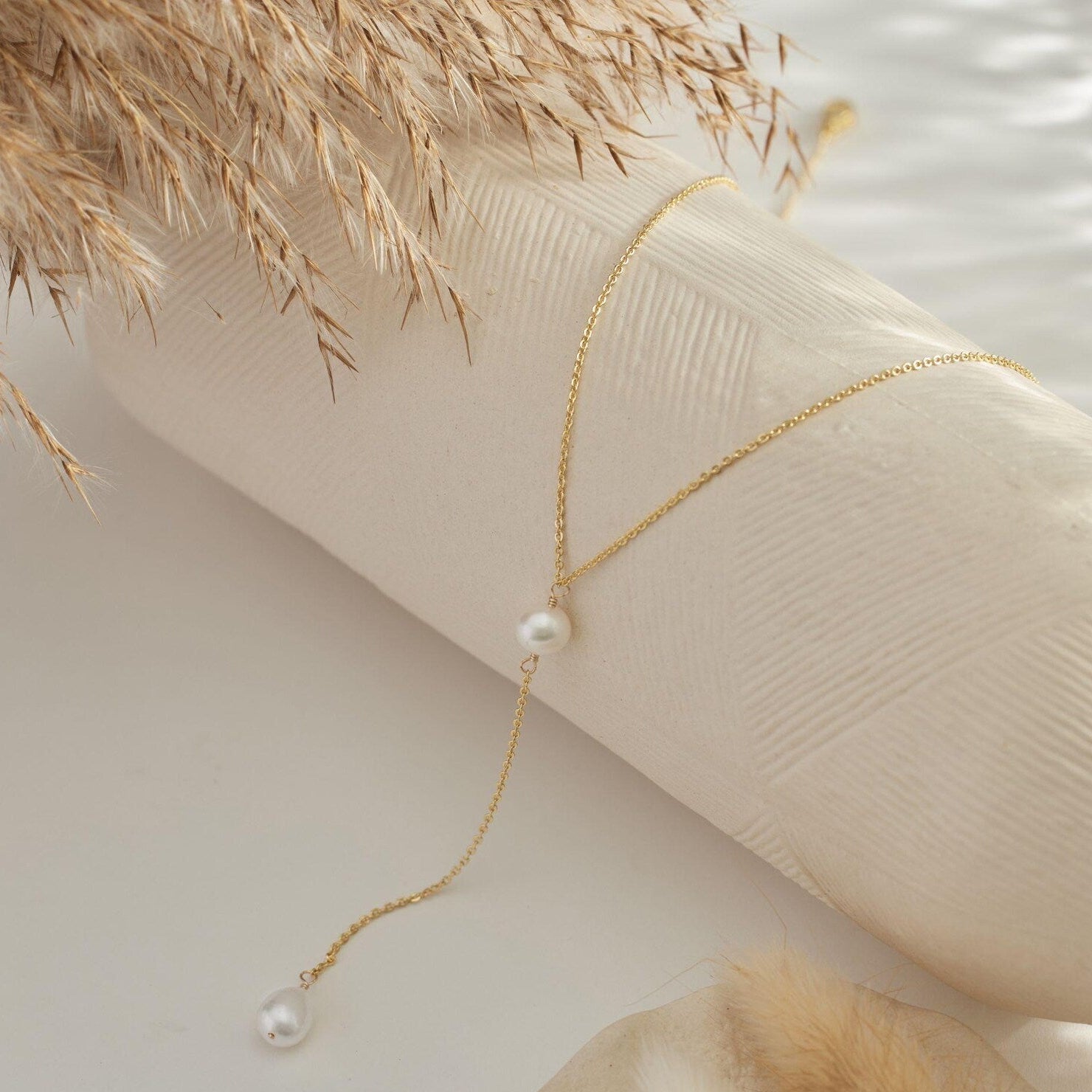 Elegant Golden Pearl Lariat Necklace