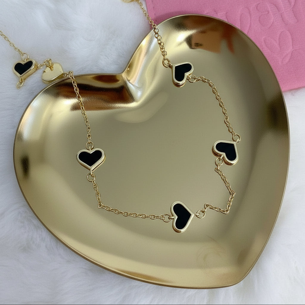 Golden Chain Black Heart & White Heart Pendant Necklaces