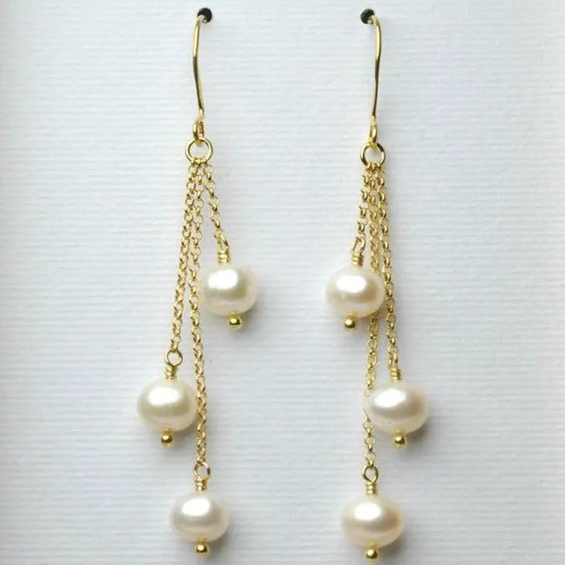 Elegant 3-Pearl Drop Earrings