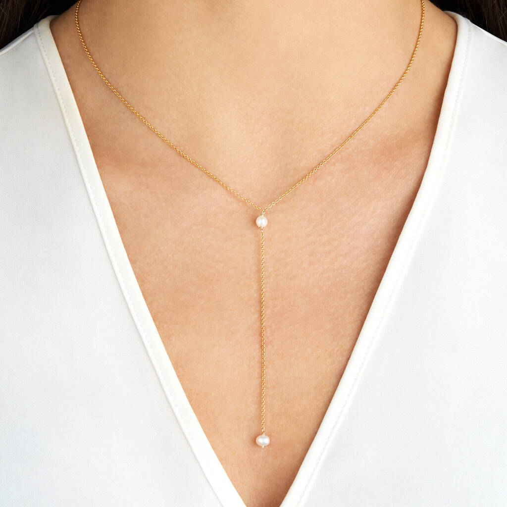 Elegant Golden Pearl Lariat Necklace