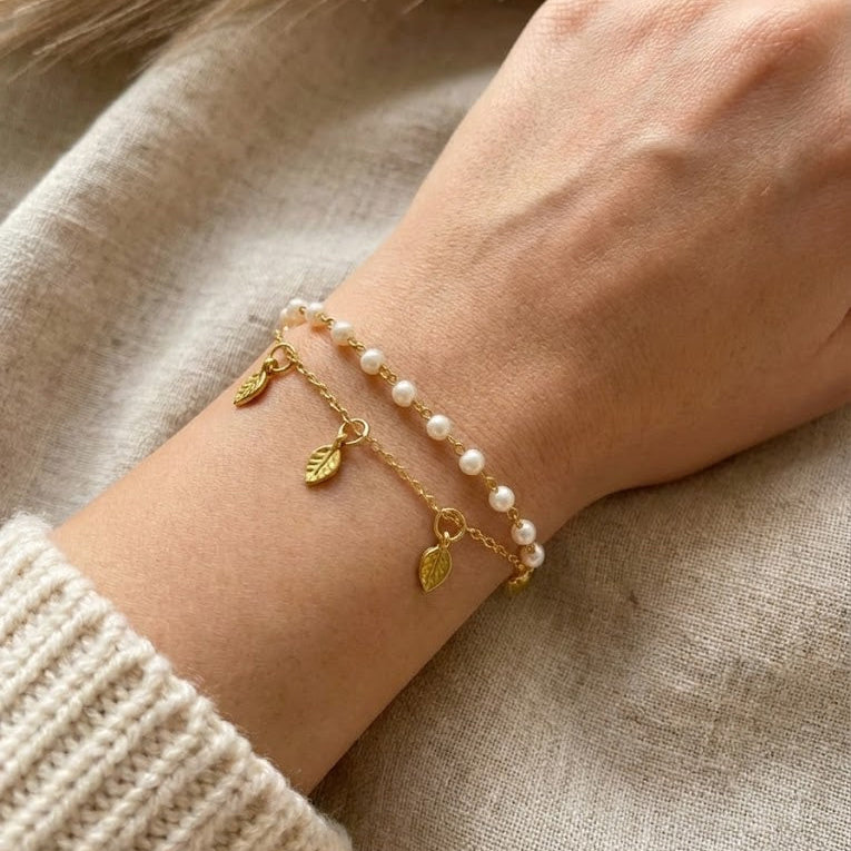 White Pearls Bracelet with Little Leaf Charm