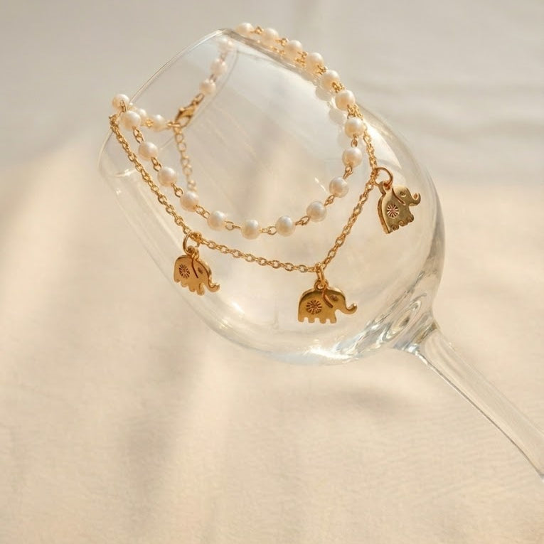 White Pearls With Elephant Charm Bracelet