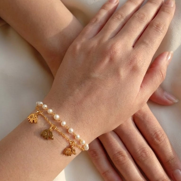White Pearls With Elephant Charm Bracelet