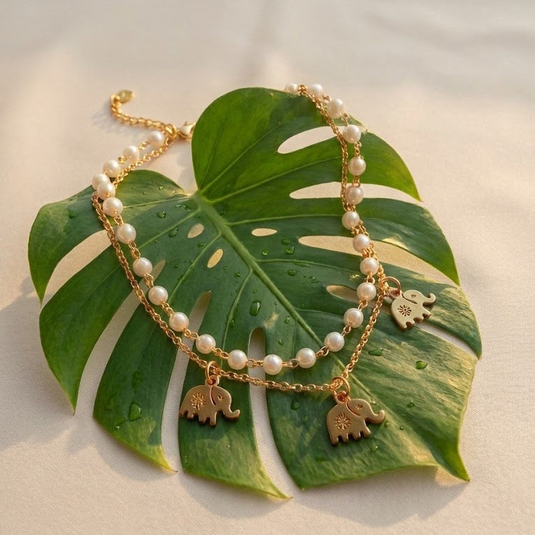 White Pearls With Elephant Charm Bracelet