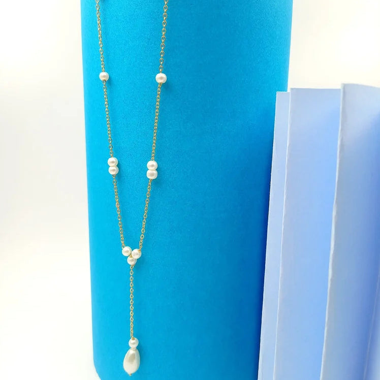 Dual Pearl Drop Y-Chain Necklace