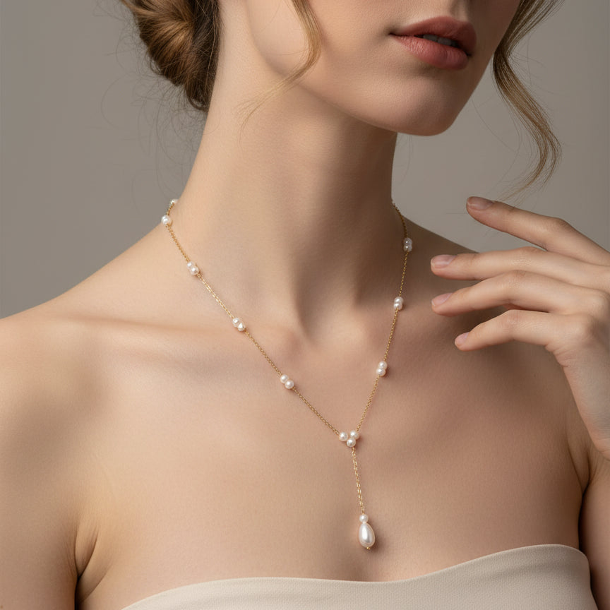 Dual Pearl Drop Y-Chain Necklace