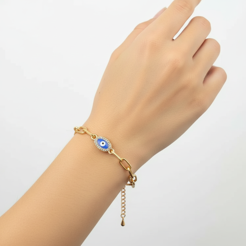 Oval Evil Eye Paperclip Chain Bracelet