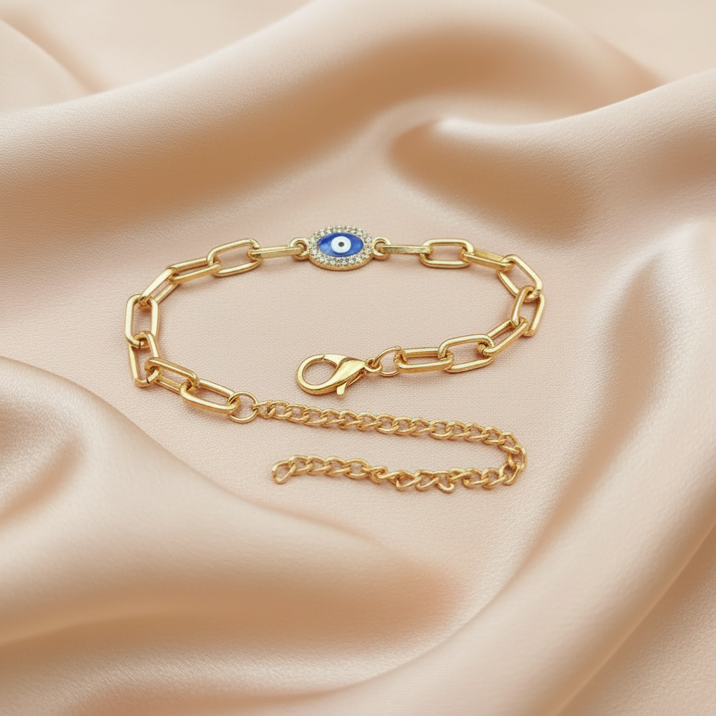 Oval Evil Eye Paperclip Chain Bracelet