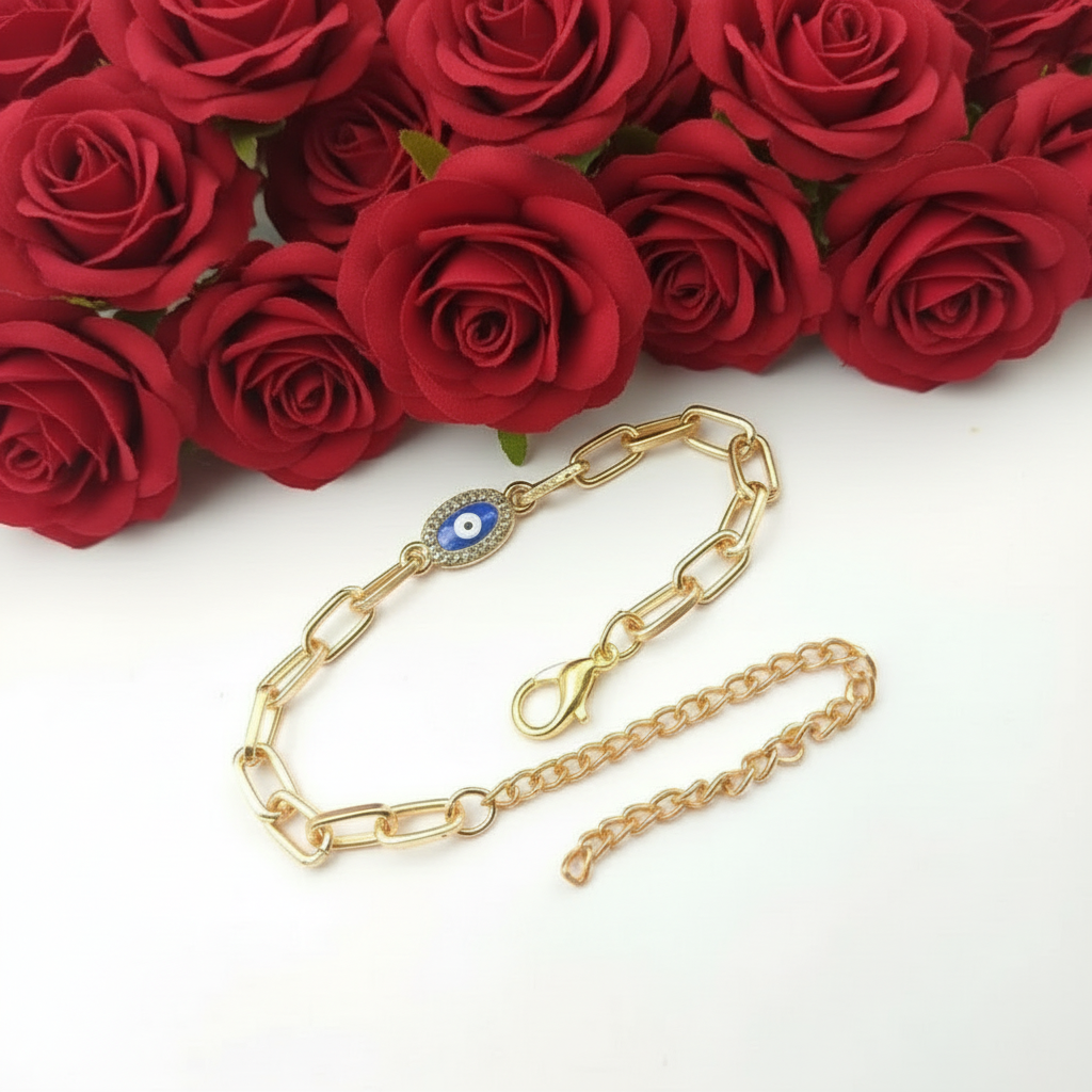 Oval Evil Eye Paperclip Chain Bracelet