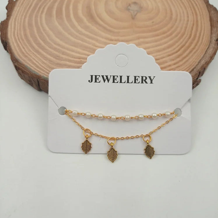 White Pearls Bracelet with Charm Big Leaf